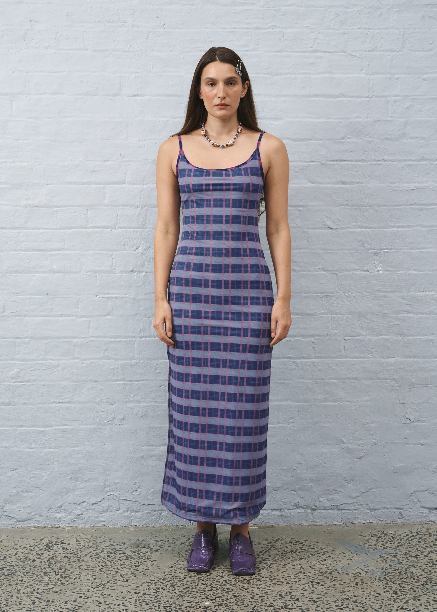 Reversible Mesh Maxi Blue Plaid Dress