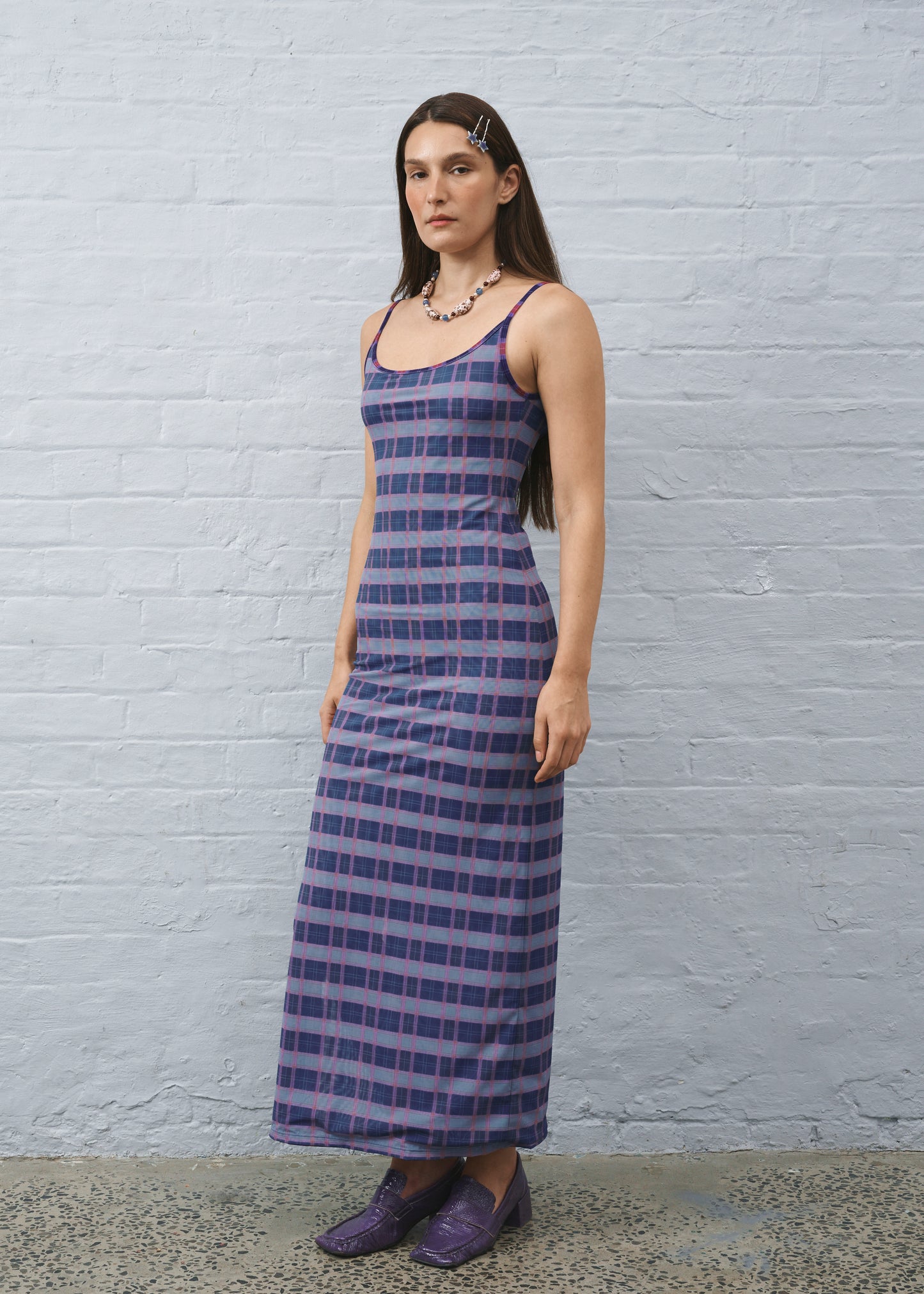 Reversible Mesh Maxi Blue Plaid Dress