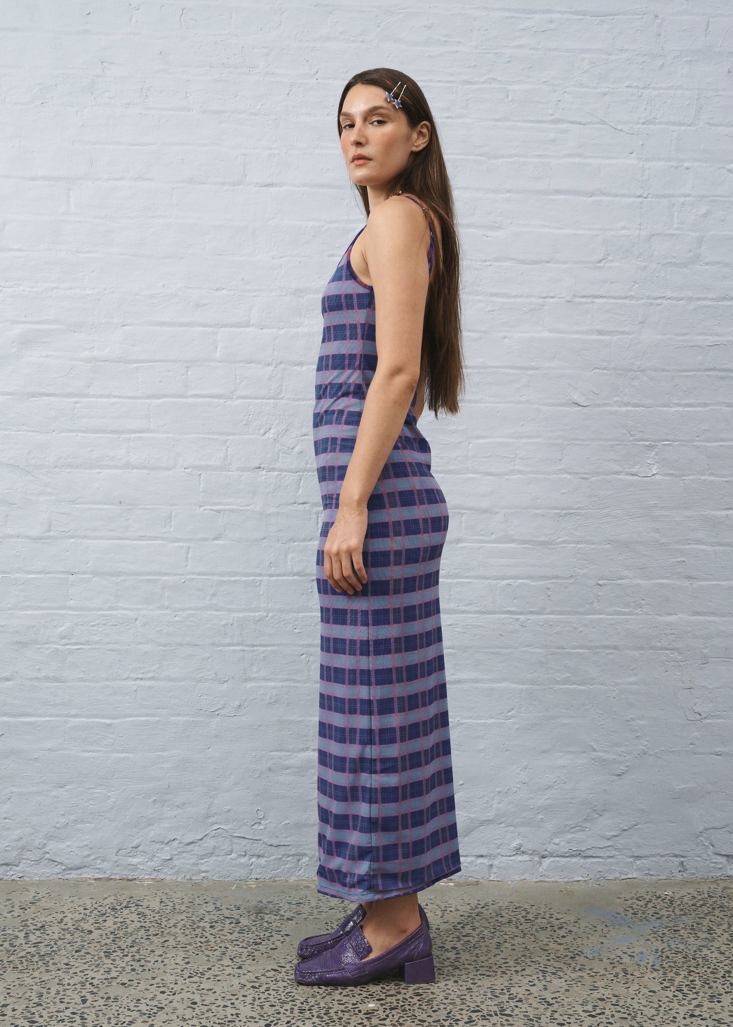 Reversible Mesh Maxi Blue Plaid Dress