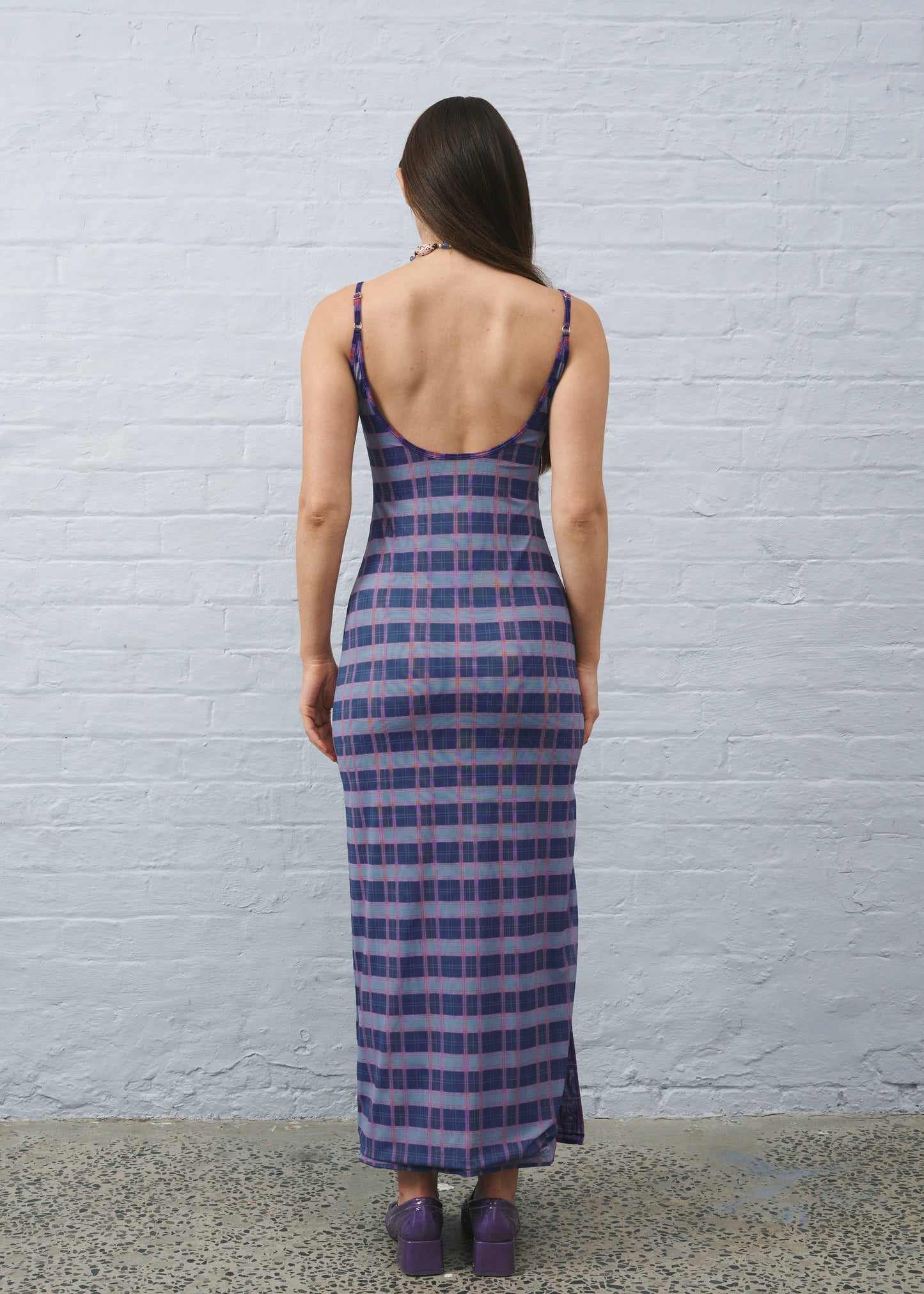 Reversible Mesh Maxi Blue Plaid Dress