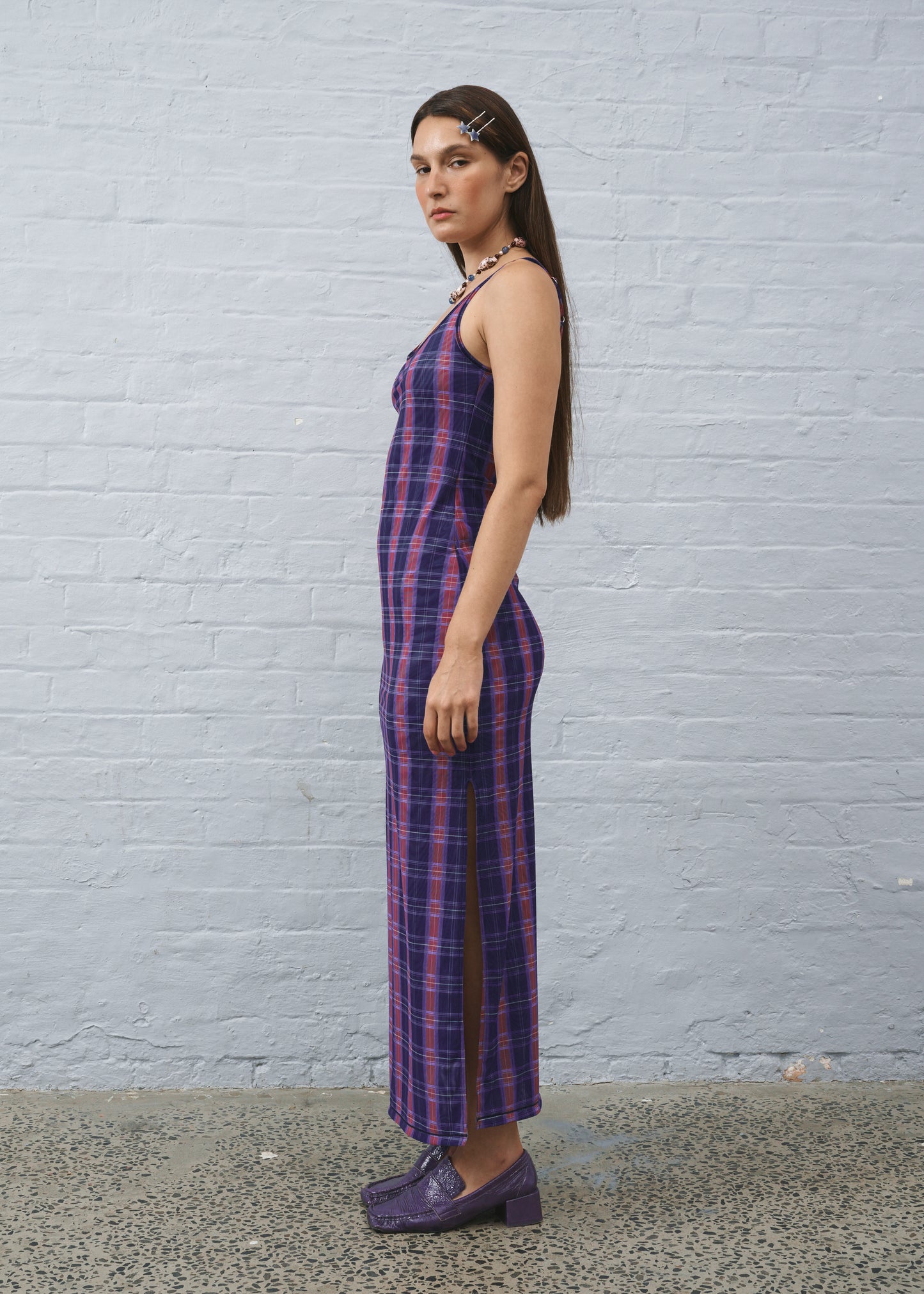 Reversible Mesh Maxi Blue Plaid Dress