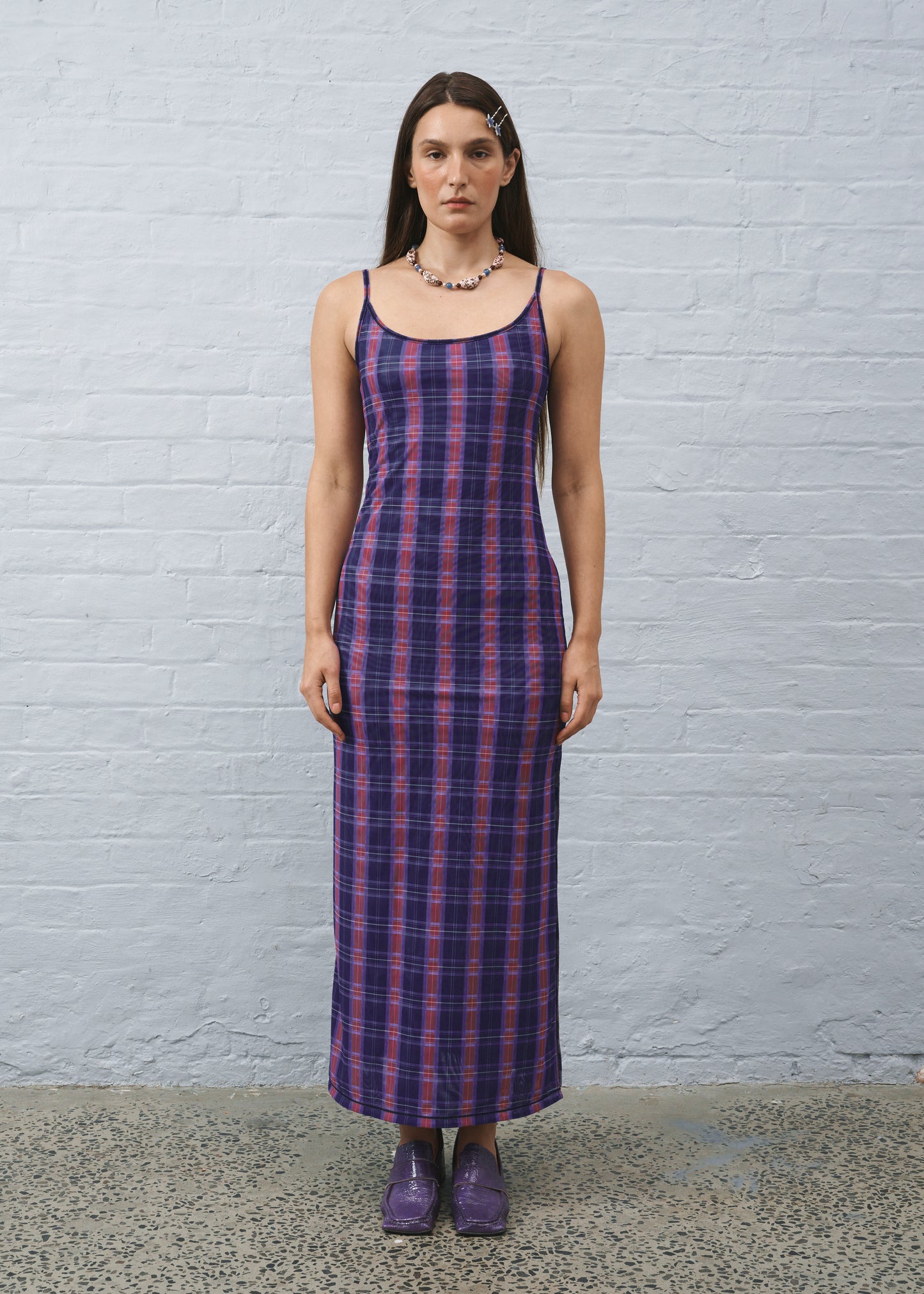 Reversible Mesh Maxi Blue Plaid Dress