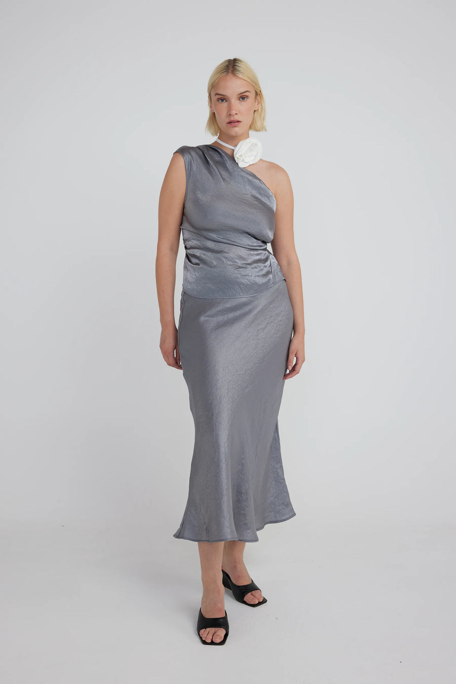 UMA Store Muse the label dana bias skirt silver grey metallic midi slip skirt co-ord wedding outfit