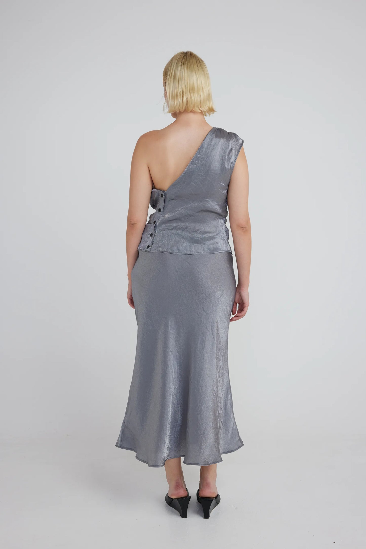UMA Store Muse the label Ora Top  Silver grey metallic satin one shoulder top blouse 