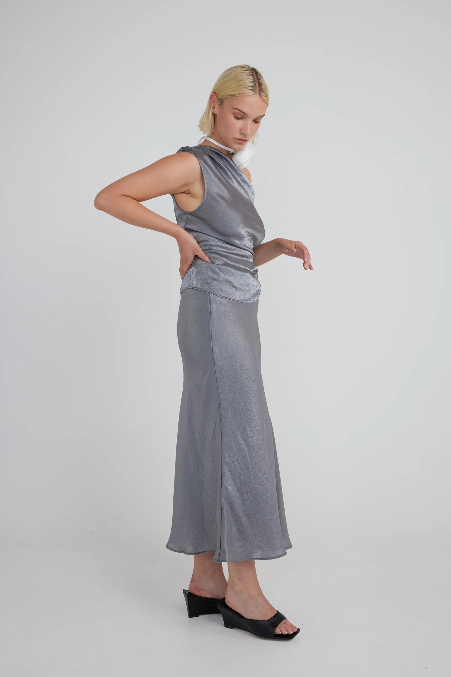 UMA Store Muse the label Ora Top  Silver grey metallic satin one shoulder top blouse 