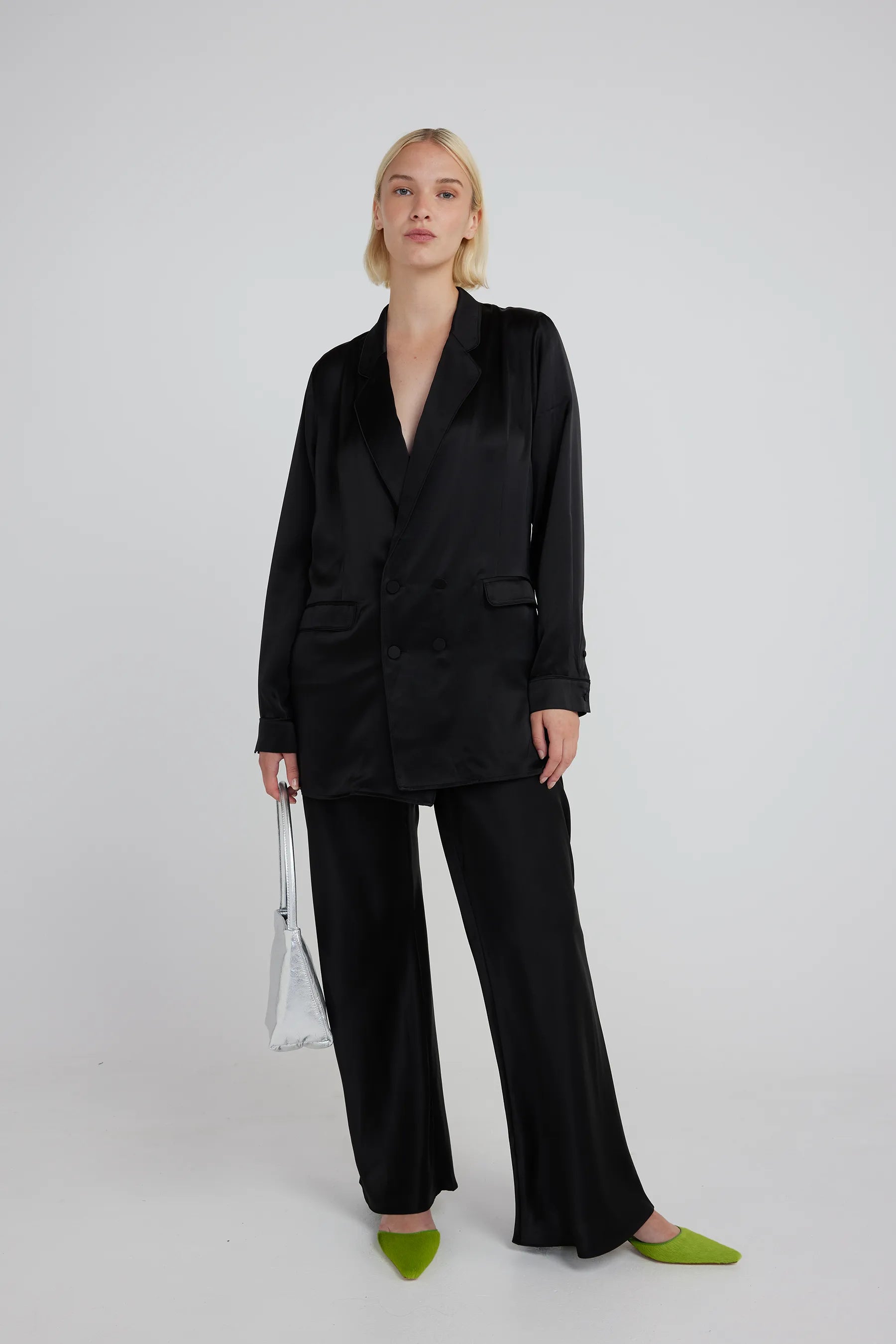 Silk Laundry black double breasted oversized silk blazer 