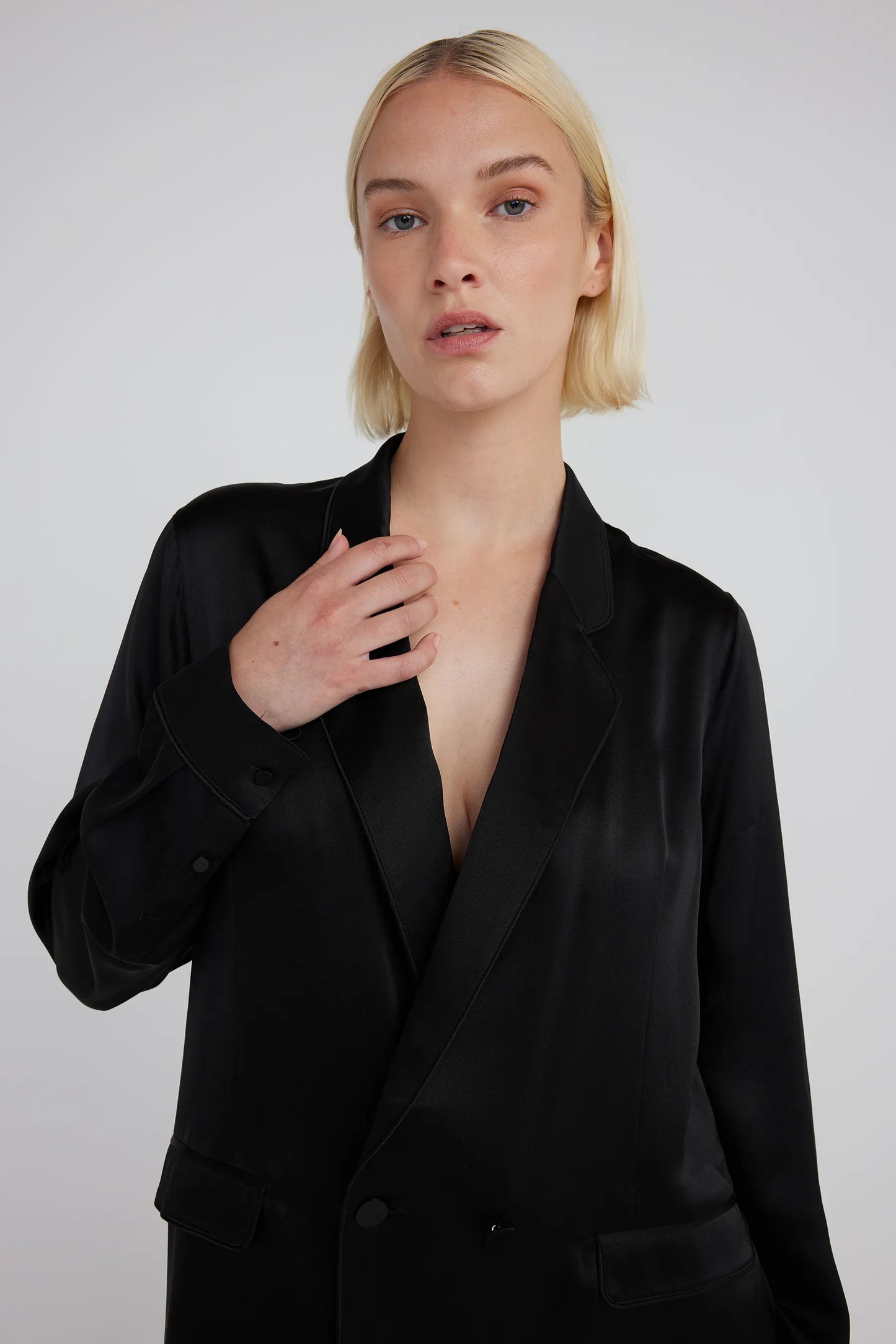 Silk Laundry black double breasted oversized silk blazer 