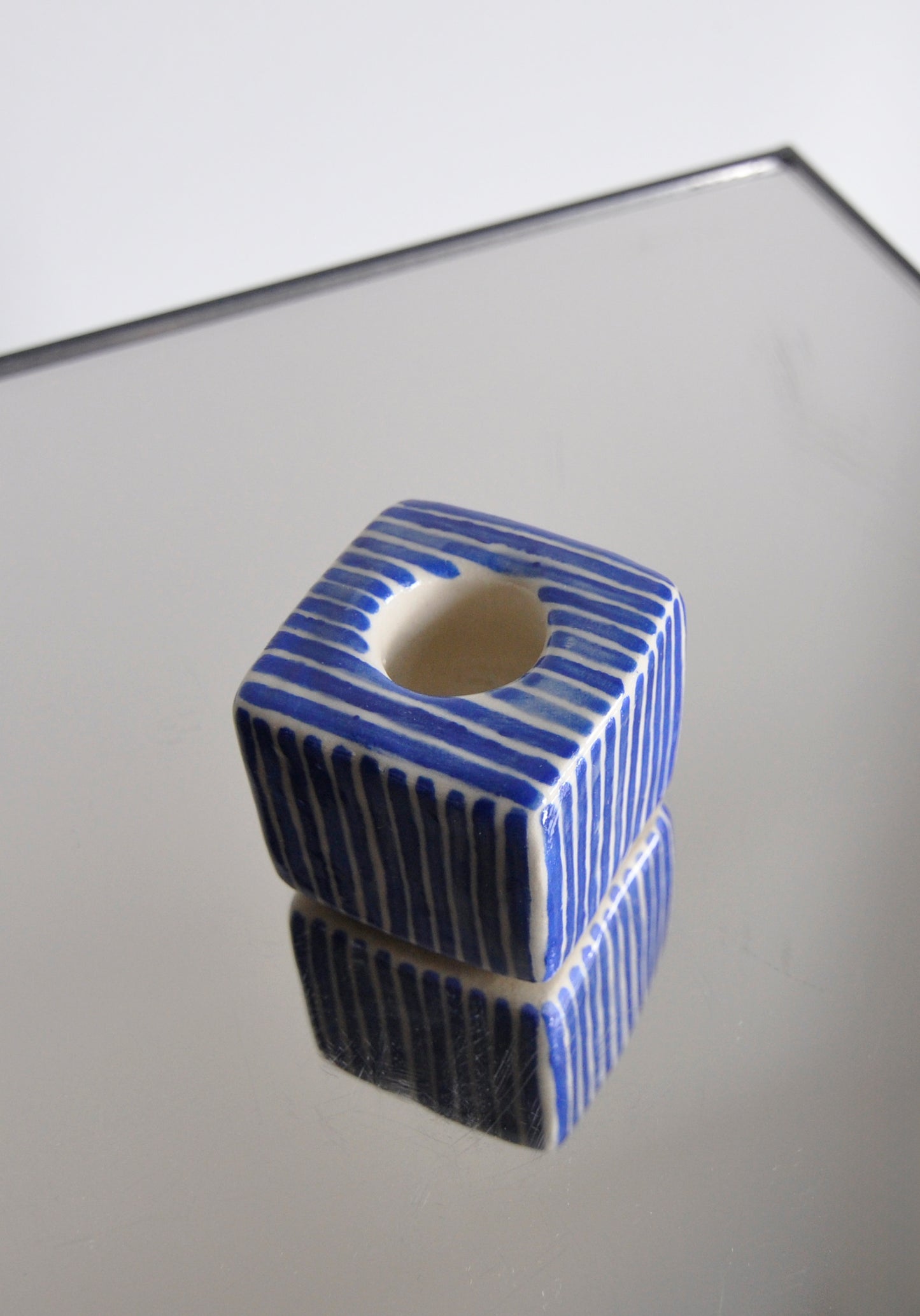 Mini Square Stripe Candle Holder - Cobalt