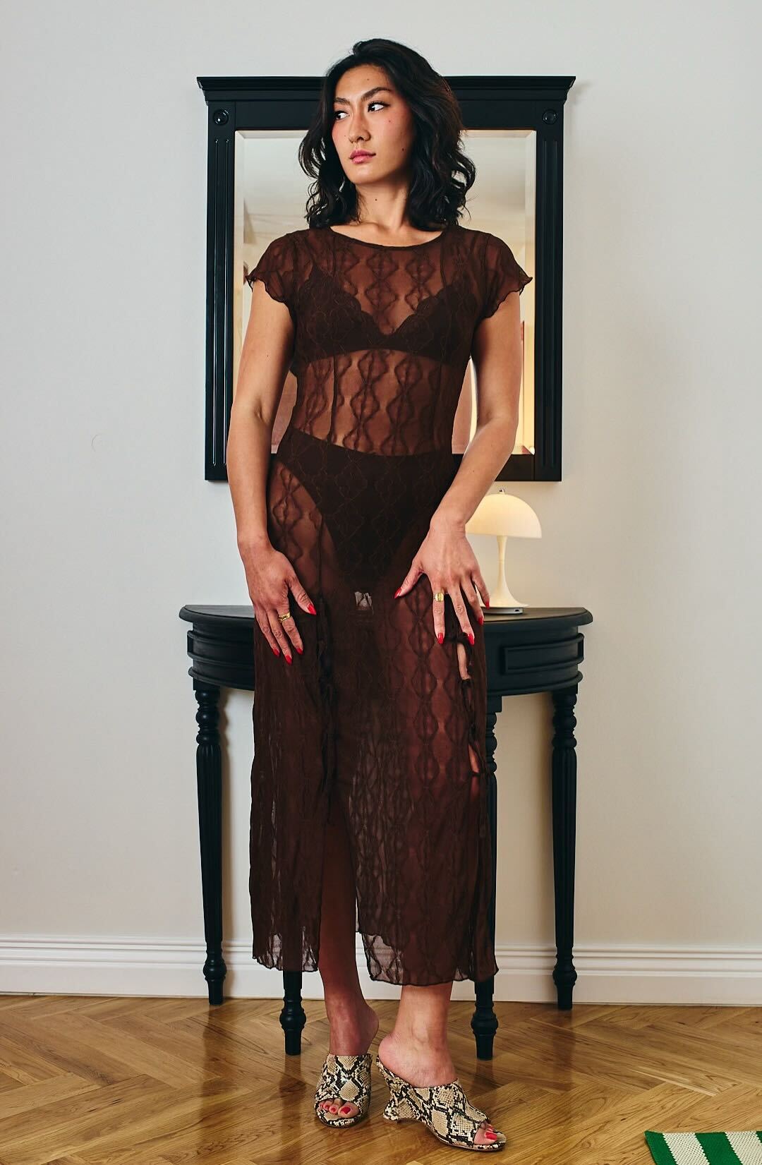 Second Skin Find Me Now Mariposa Lace Midi Dress fitted chocolate brown mid length see through mesh dress short sleeves baby bows 