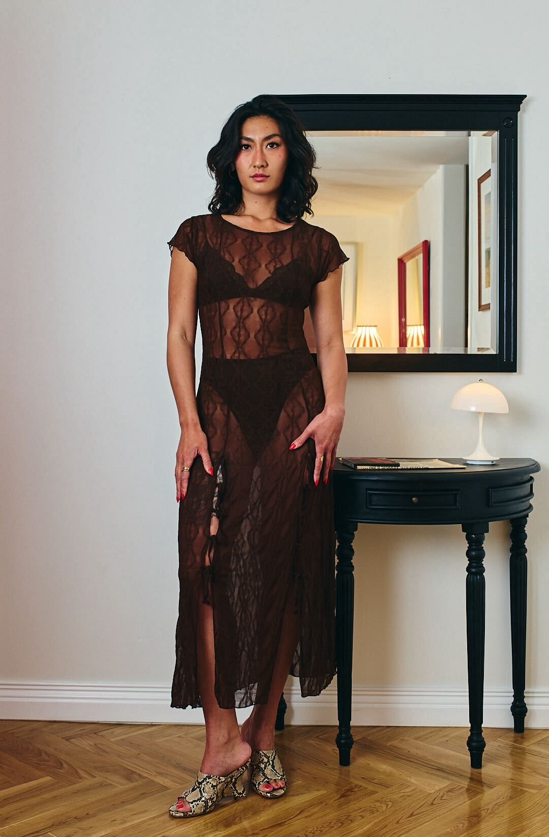 Second Skin Find Me Now Mariposa Lace Midi Dress fitted chocolate brown mid length see through mesh dress short sleeves baby bows 