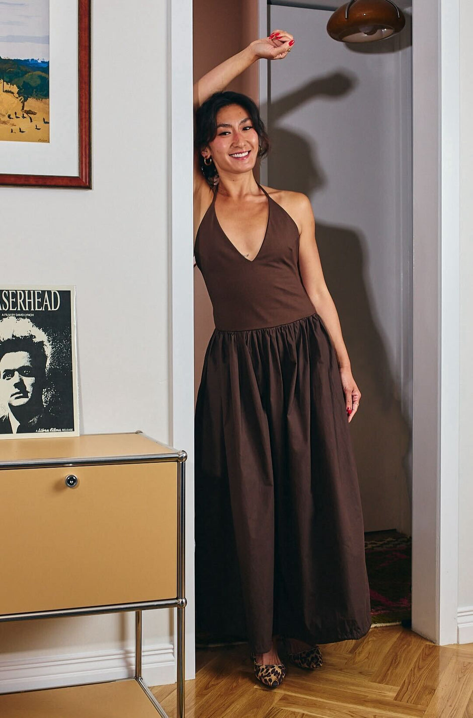 Katharina Lou The Convertible Maxi chocolate brown full midi and mini length halter neck with pockets 