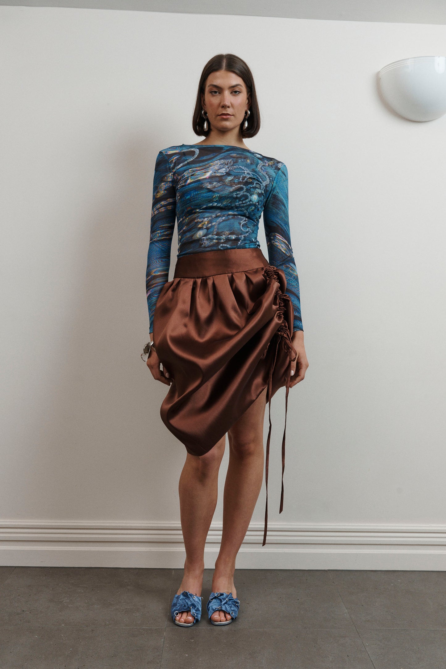 UMA Store Lucinda Babi Myth Skirt chocolate brown satin ties gathered bubble adjustable skirt mid length