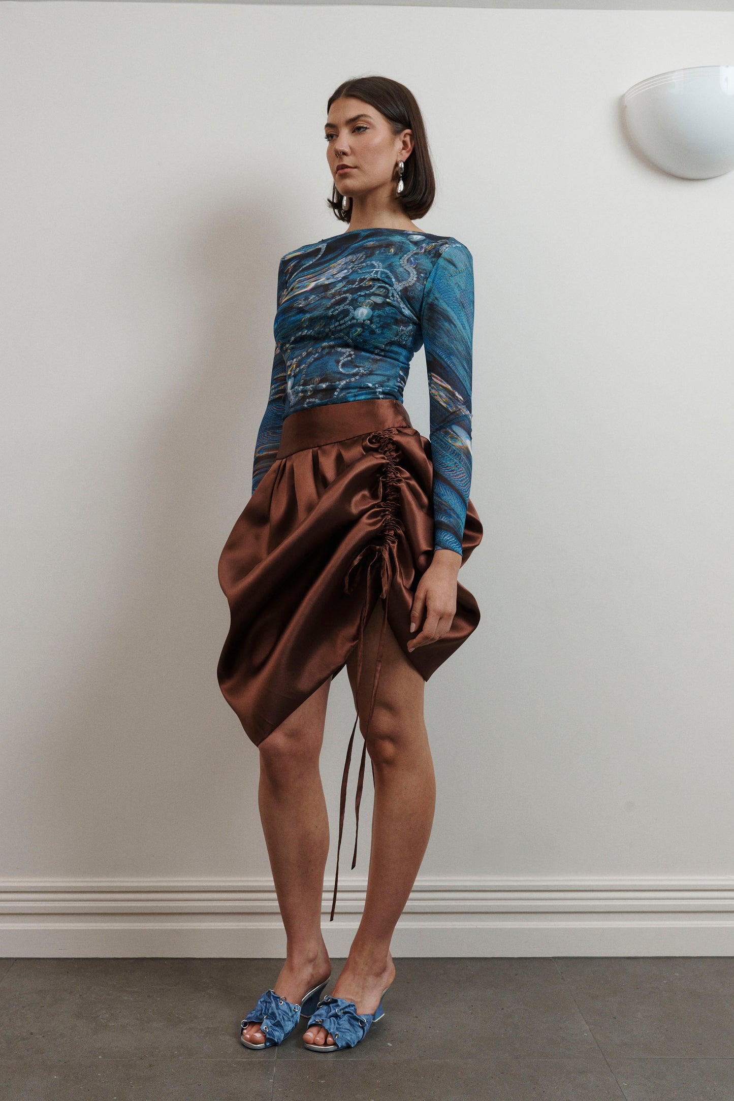 UMA Store Lucinda Babi Myth Skirt chocolate brown satin ties gathered bubble adjustable skirt mid length