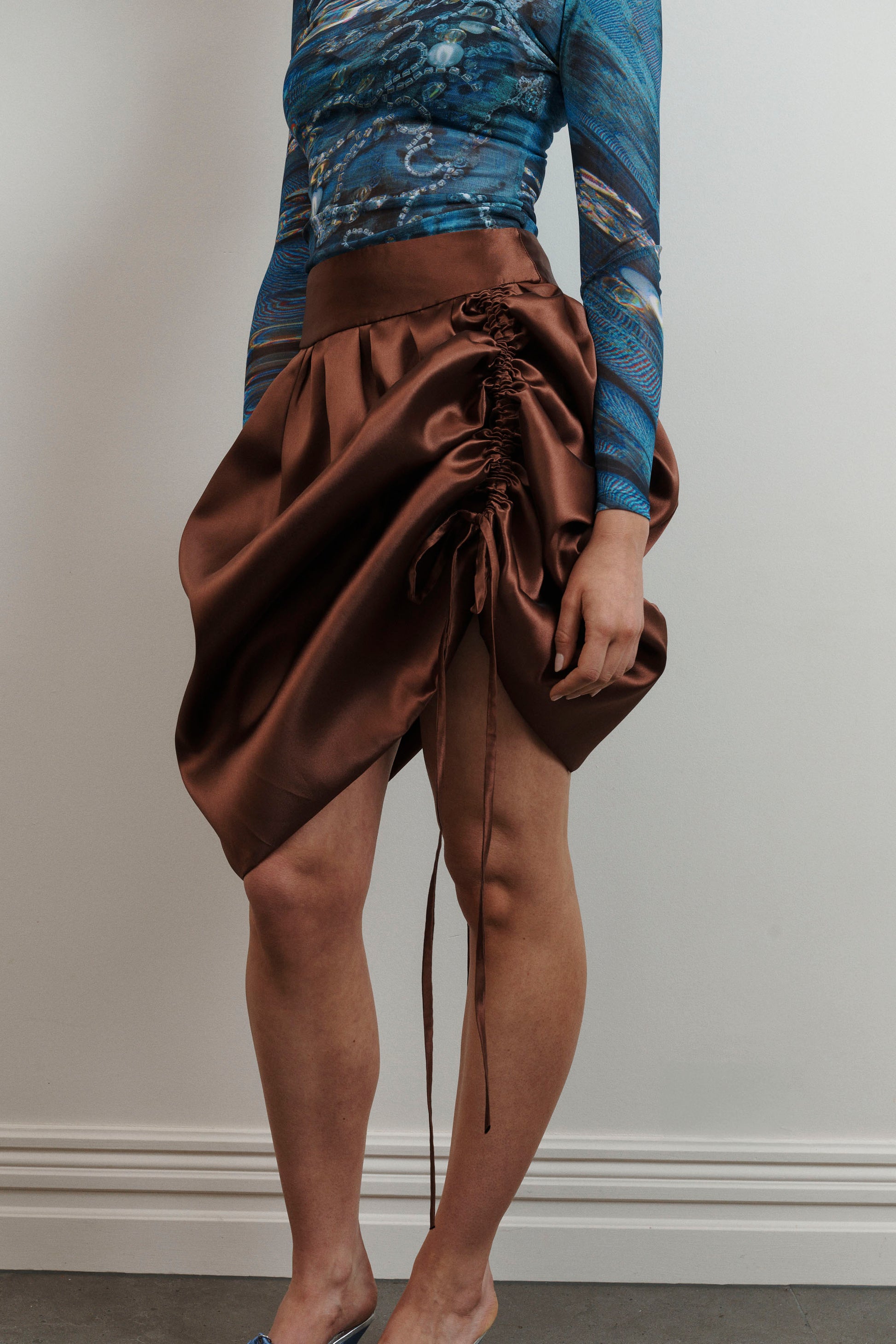 UMA Store Lucinda Babi Myth Skirt chocolate brown satin ties gathered bubble skirt mid length