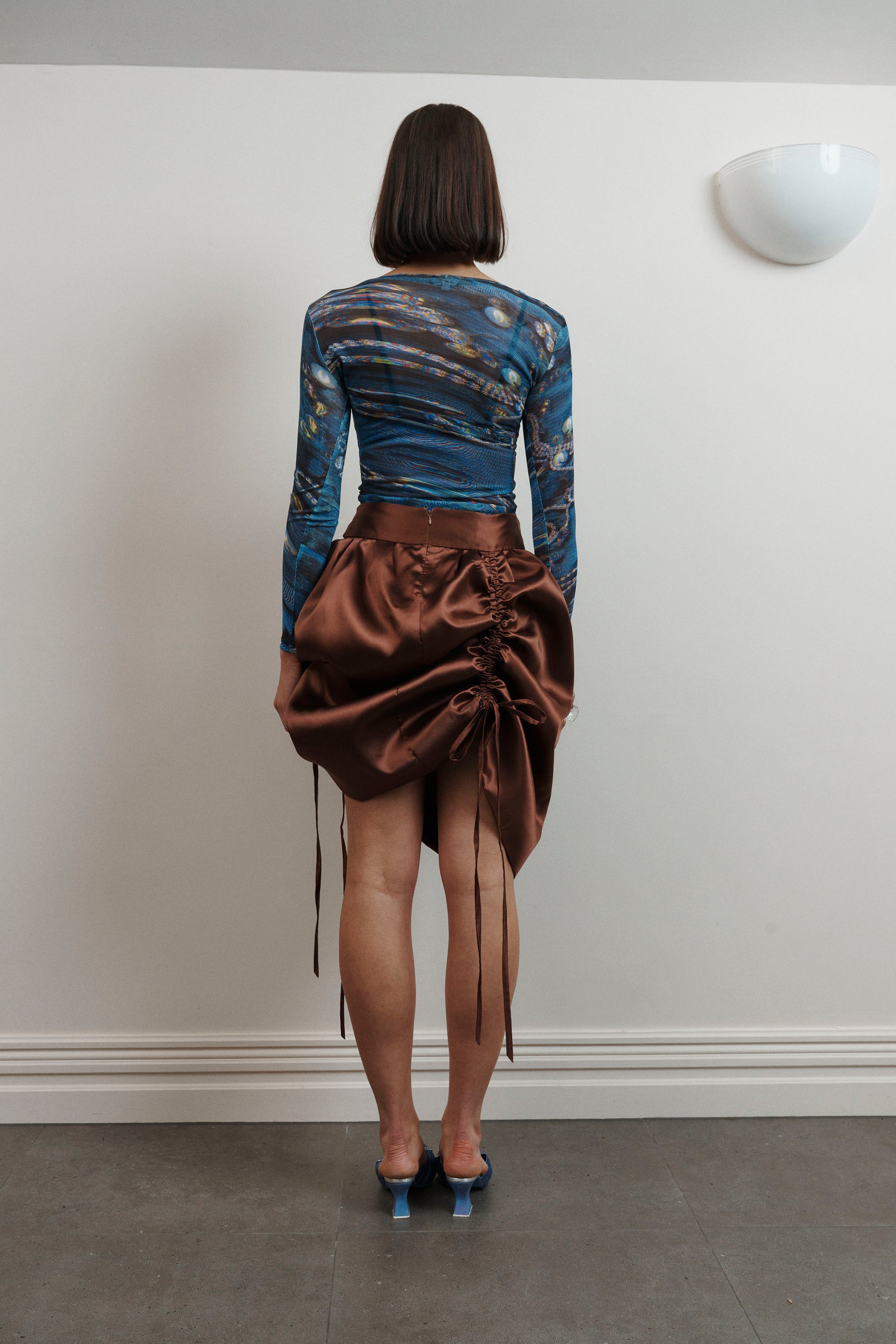 UMA Store Lucinda Babi Myth Skirt chocolate brown satin ties gathered bubble skirt mid length