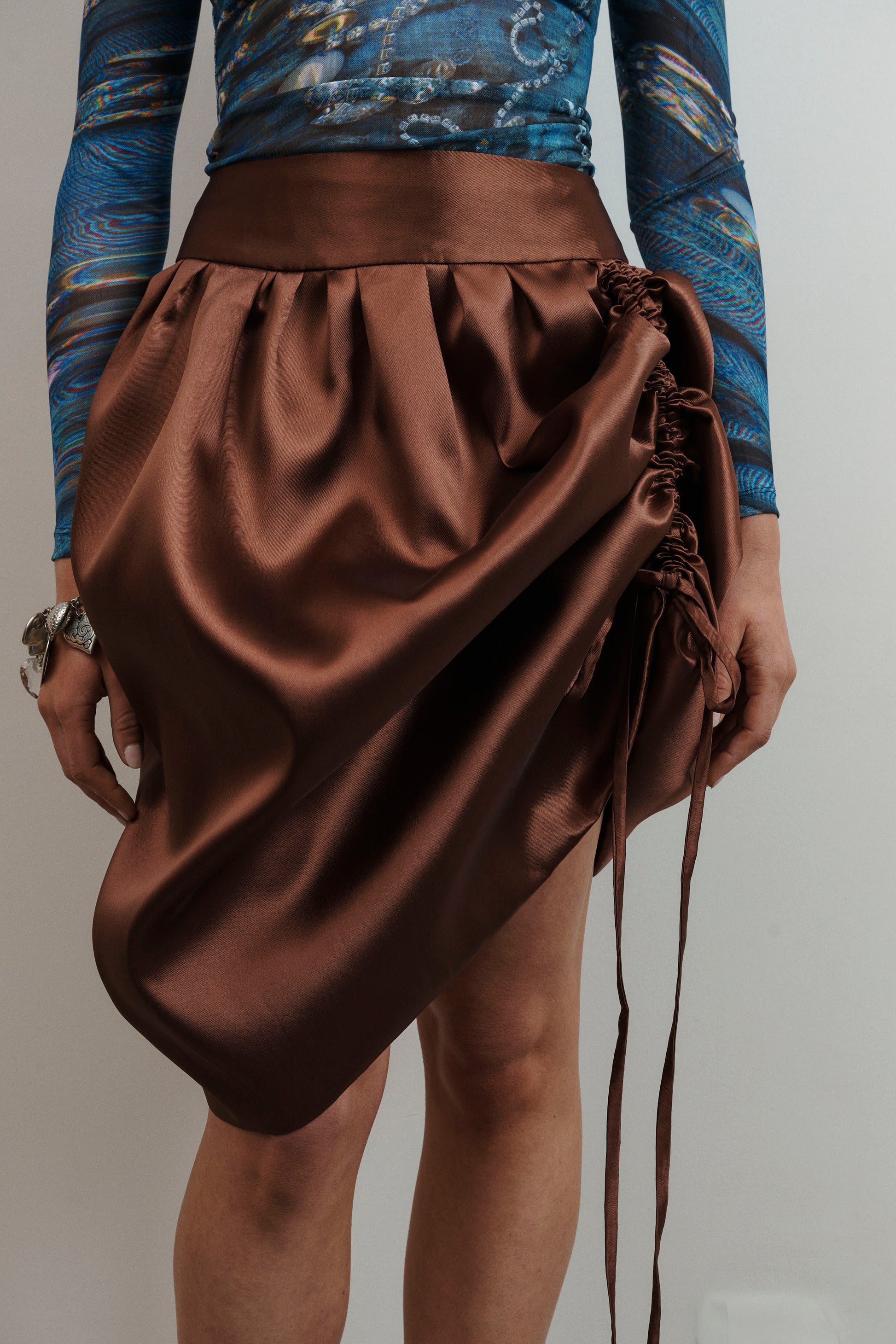 UMA Store Lucinda Babi Myth Skirt chocolate brown satin ties gathered bubble adjustable skirt mid length