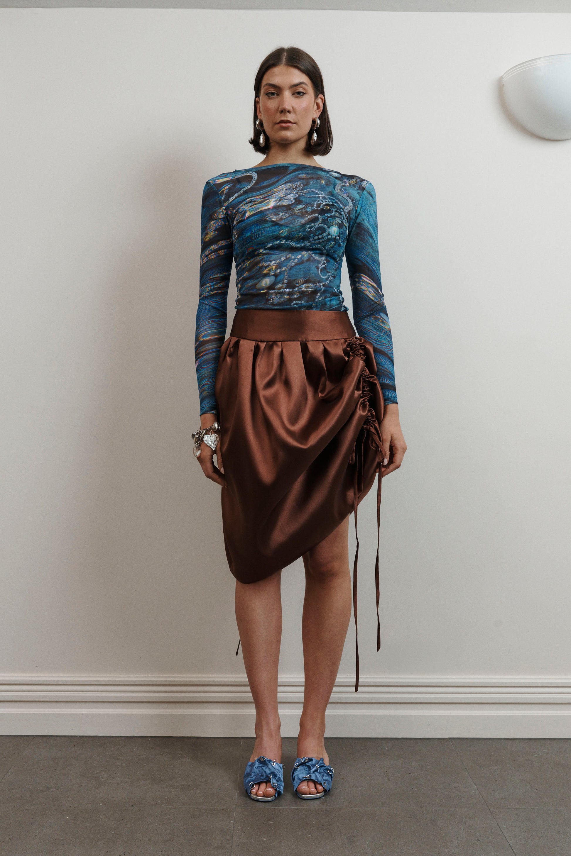 UMA Store Lucinda Babi Myth Skirt chocolate brown satin ties gathered bubble skirt mid length