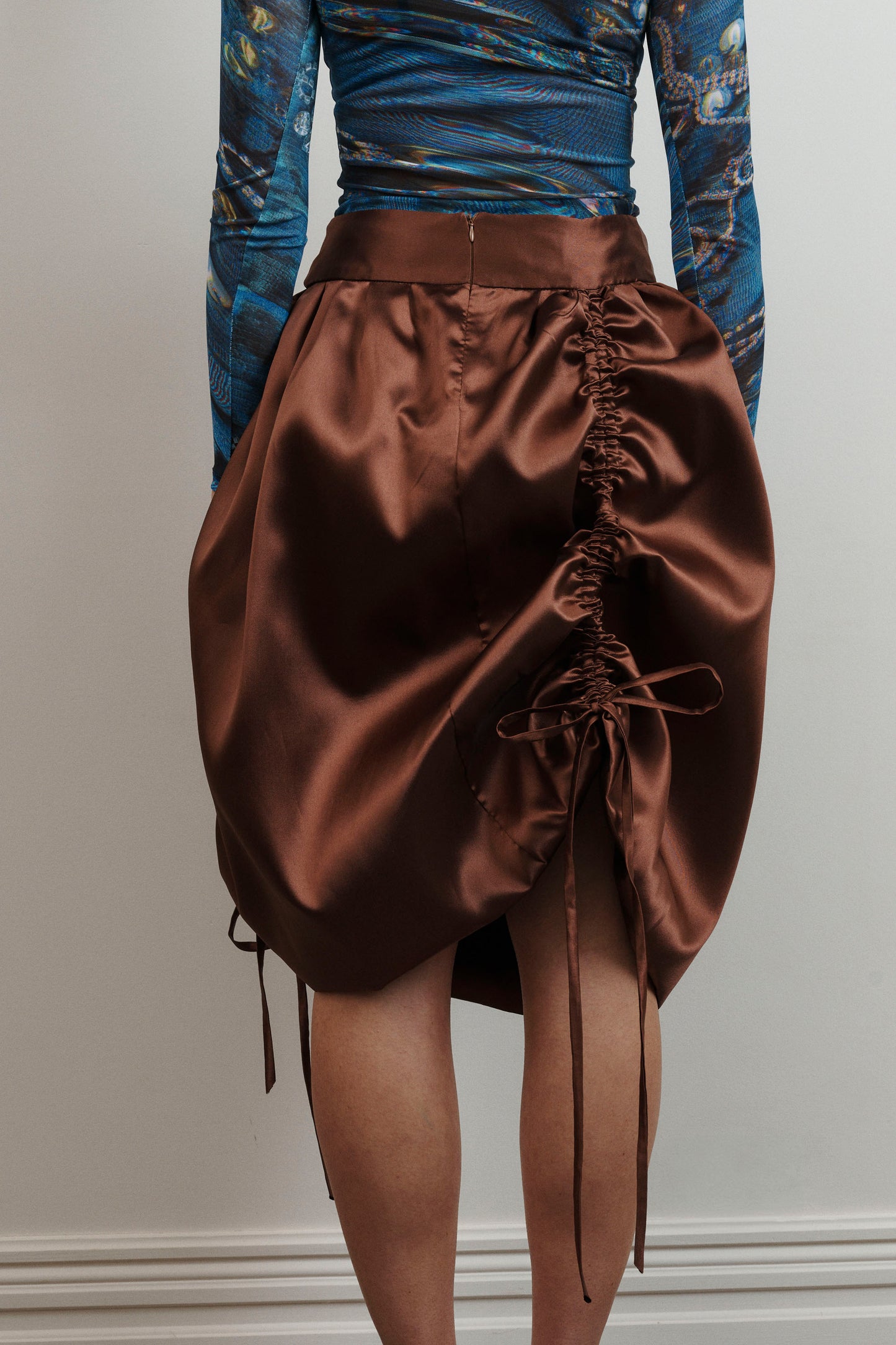 UMA Store Lucinda Babi Myth Skirt chocolate brown satin ties gathered bubble skirt mid length