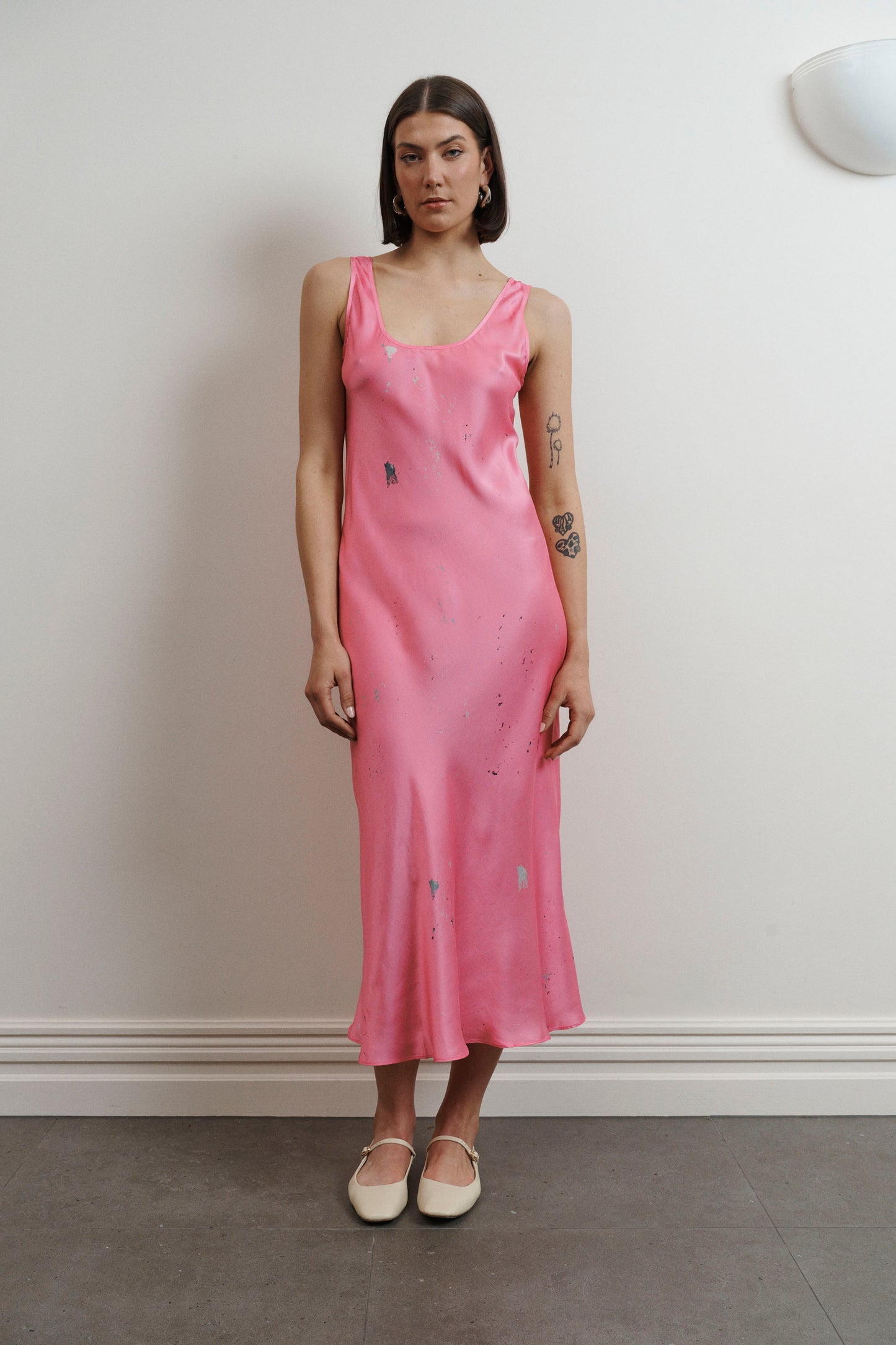 UMA Store Silk Laundry scoop neck silk dress maxi length hot pink art print