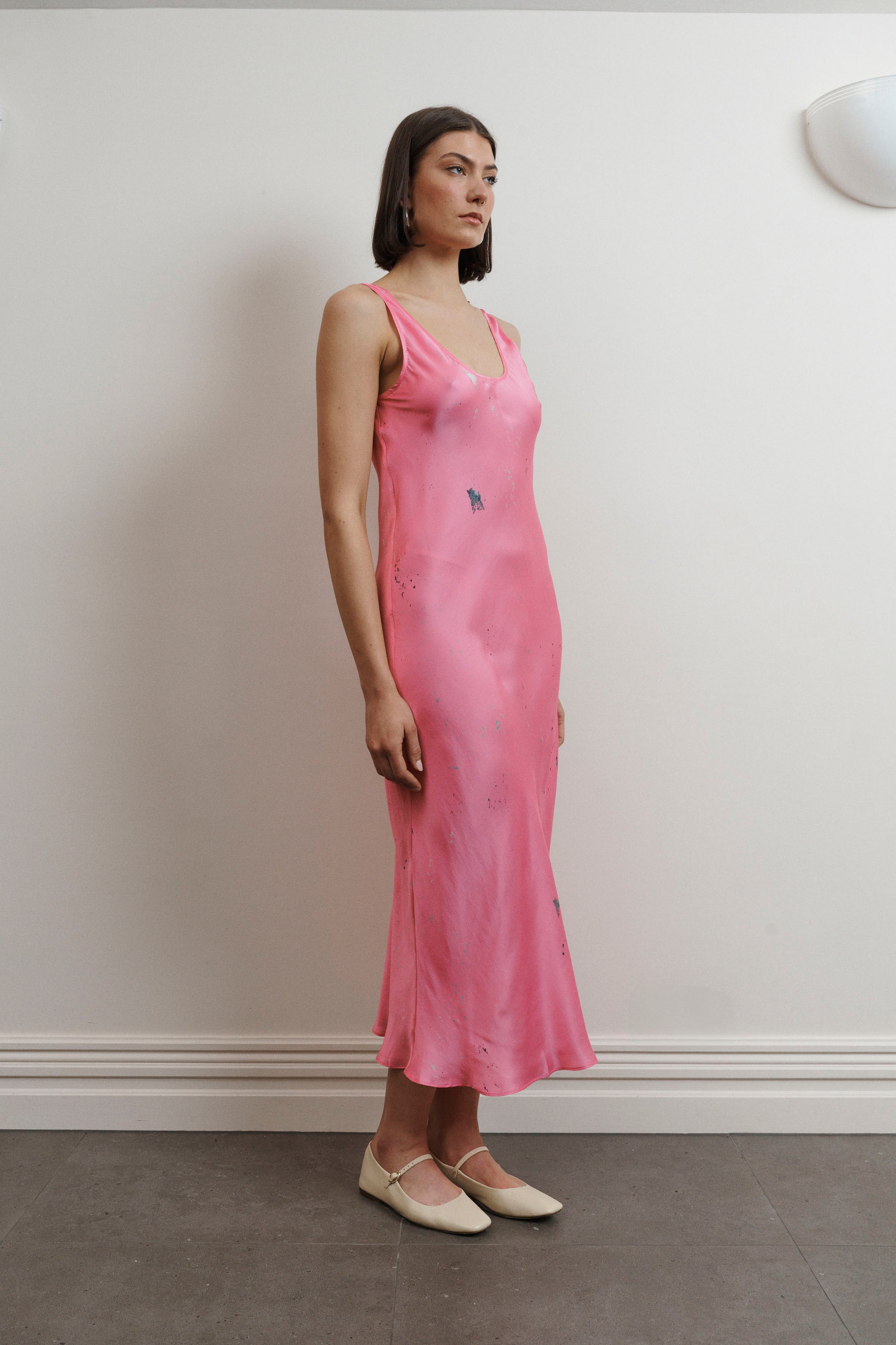 UMA Store Silk Laundry scoop neck silk dress maxi length hot pink art print