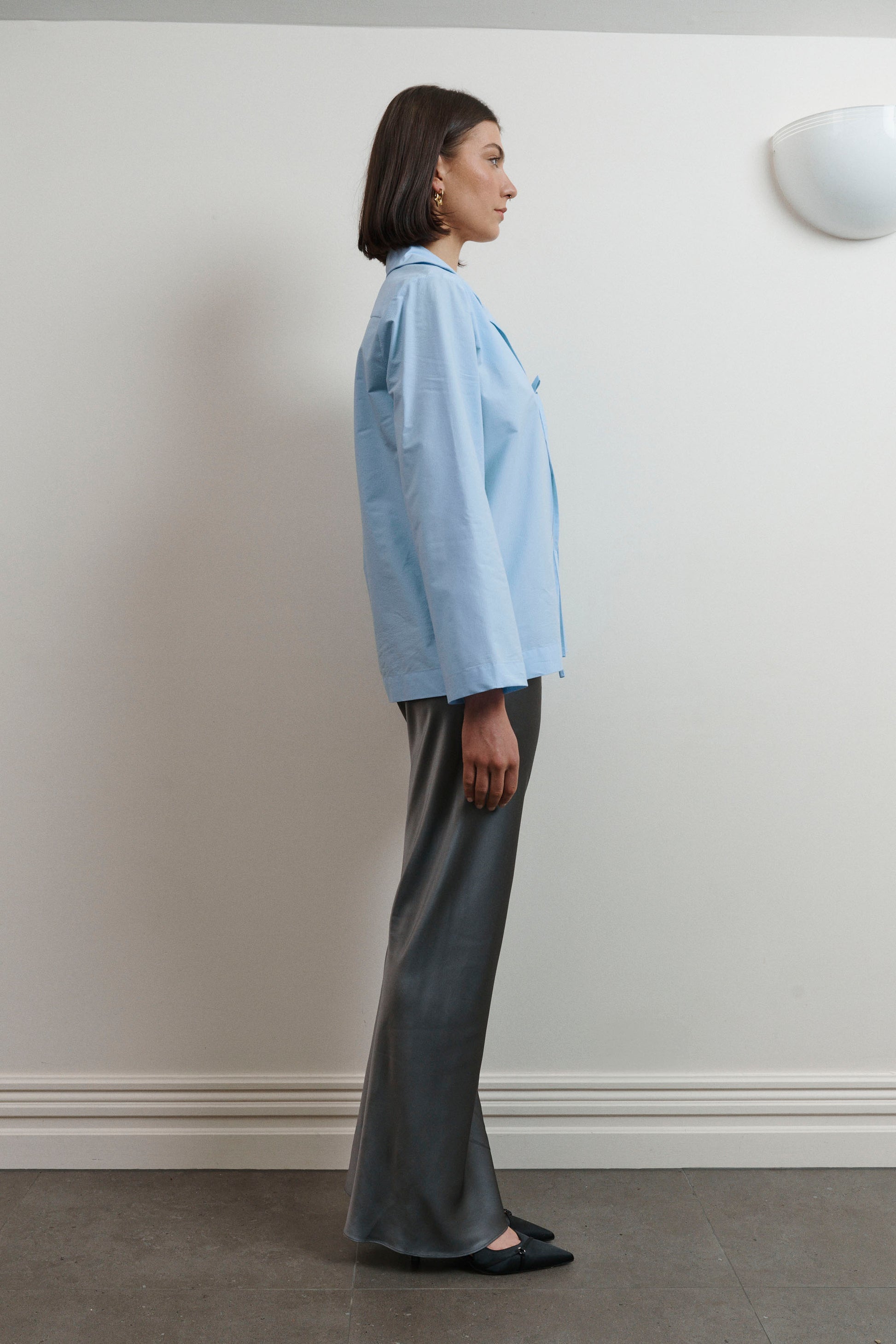 UMA Store Silk Laundry Bias Cut Pants Pearl Grey sandwashed shiny silk bias cut elastic waist