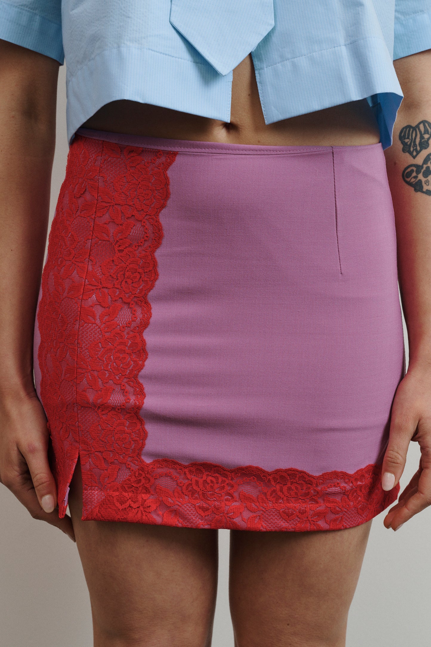 UMA Store Par Moi Cristina mini skirt hot pink red lace a-line mid rise