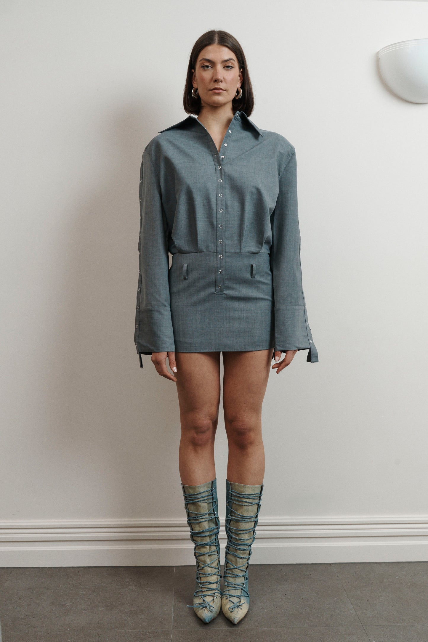 UMA KOURH Tidal mini shirt dress grey oversized press studs removable adjustable