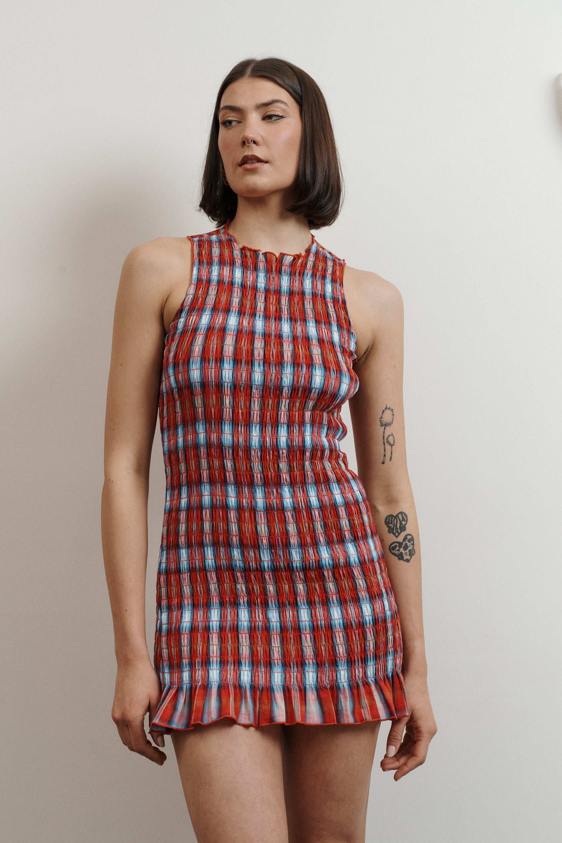 UMA Store Aprés Studio red ruched paid tartan mini dress frill hem deadstock cotton sleeveless