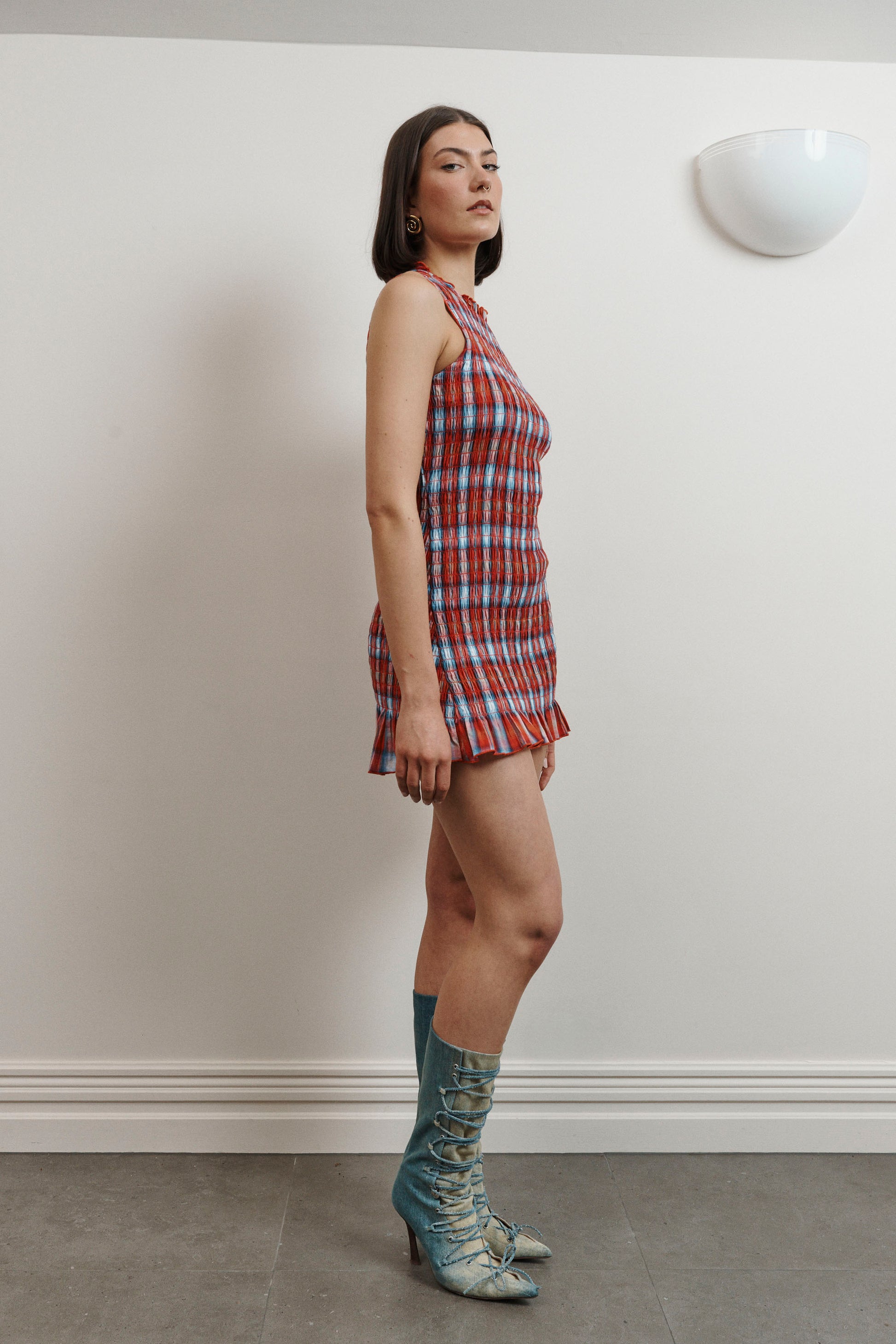 UMA Store Aprés Studio red ruched paid tartan mini dress frill hem deadstock cotton sleeveless