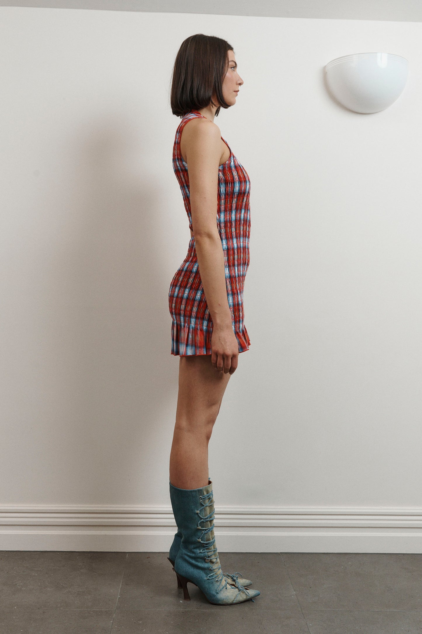 UMA Store Aprés Studio red ruched paid tartan mini dress frill hem deadstock cotton sleeveless