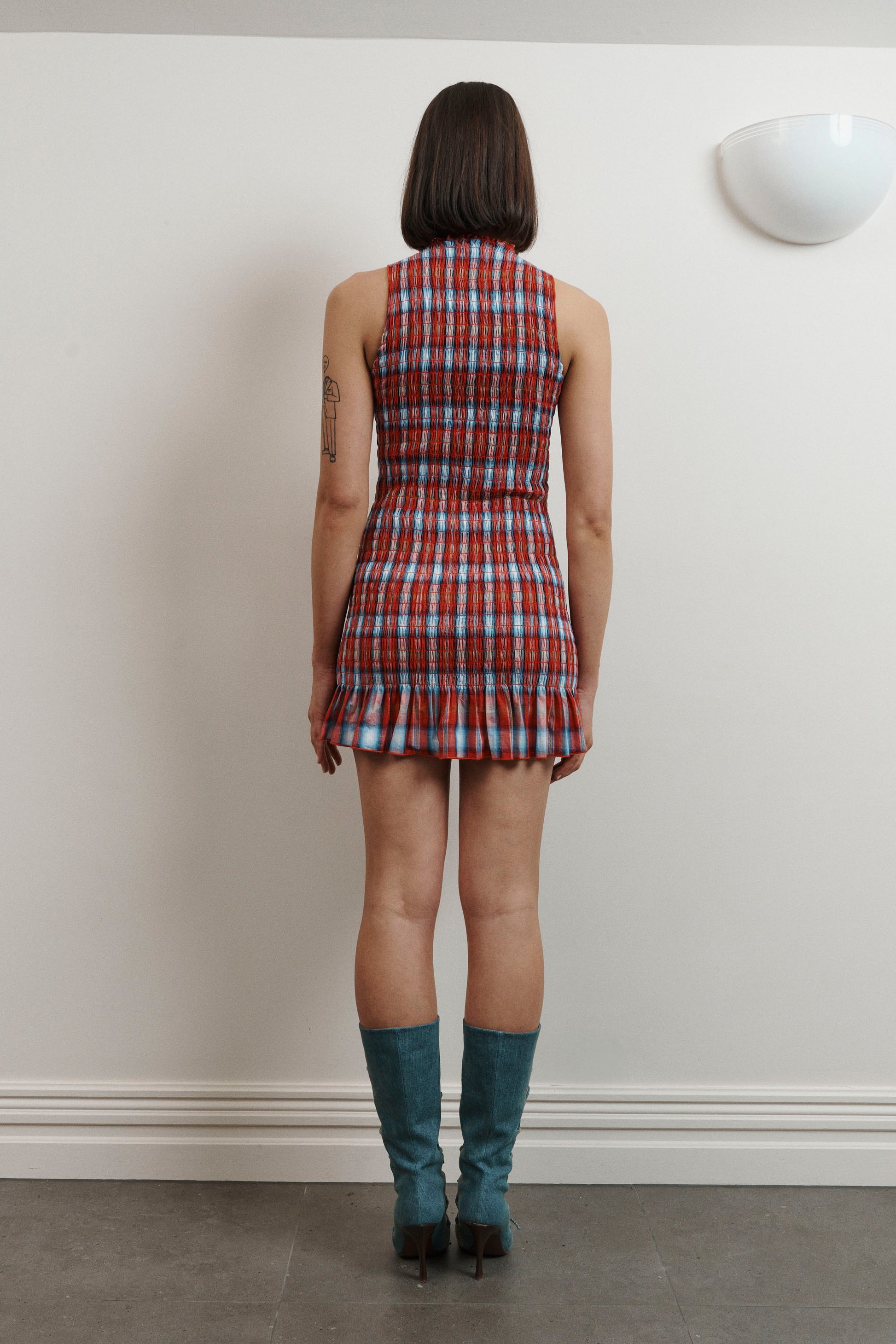 UMA Store Aprés Studio red ruched paid tartan mini dress frill hem deadstock cotton sleeveless