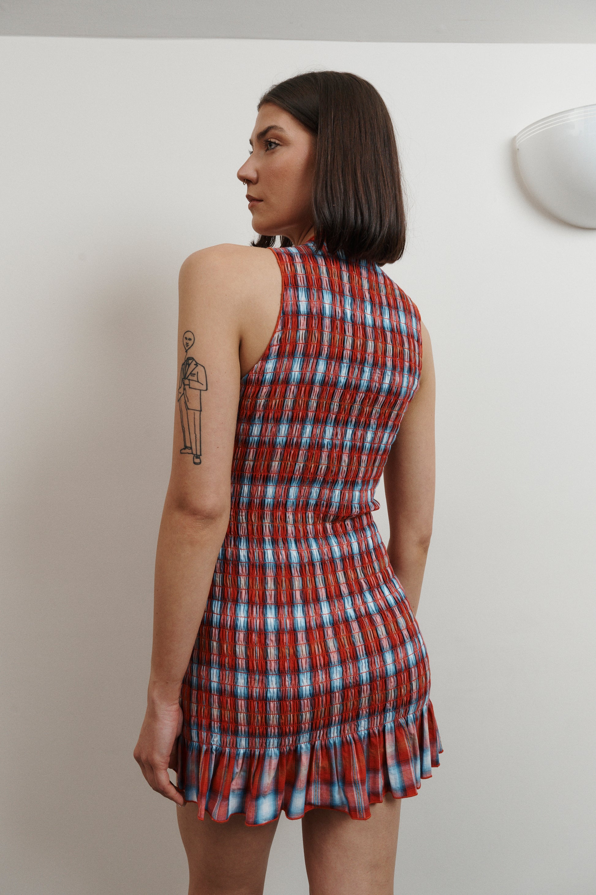 UMA Store Aprés Studio red ruched paid tartan mini dress frill hem deadstock cotton sleeveless