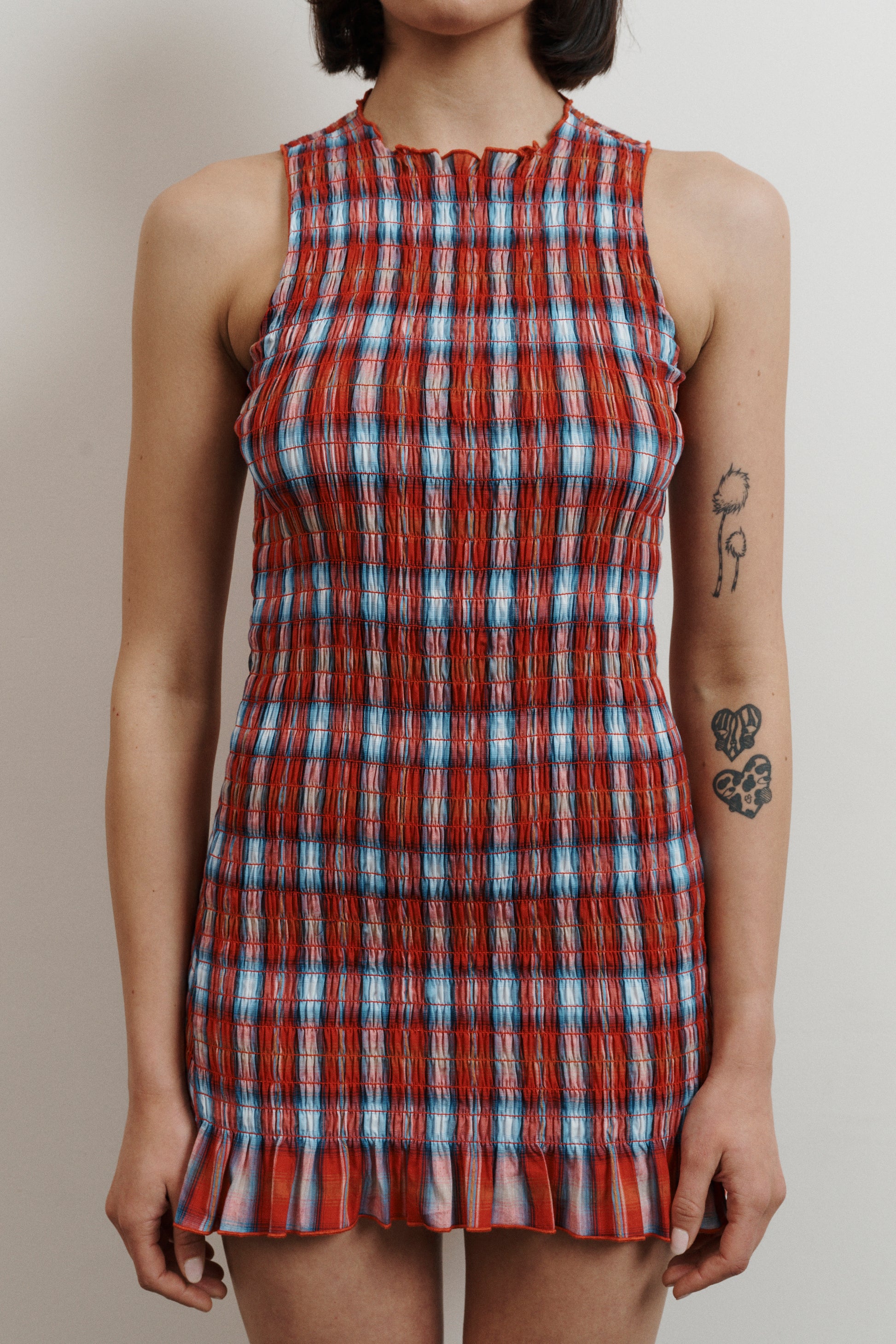 UMA Store Aprés Studio red ruched paid tartan mini dress frill hem deadstock cotton sleeveless