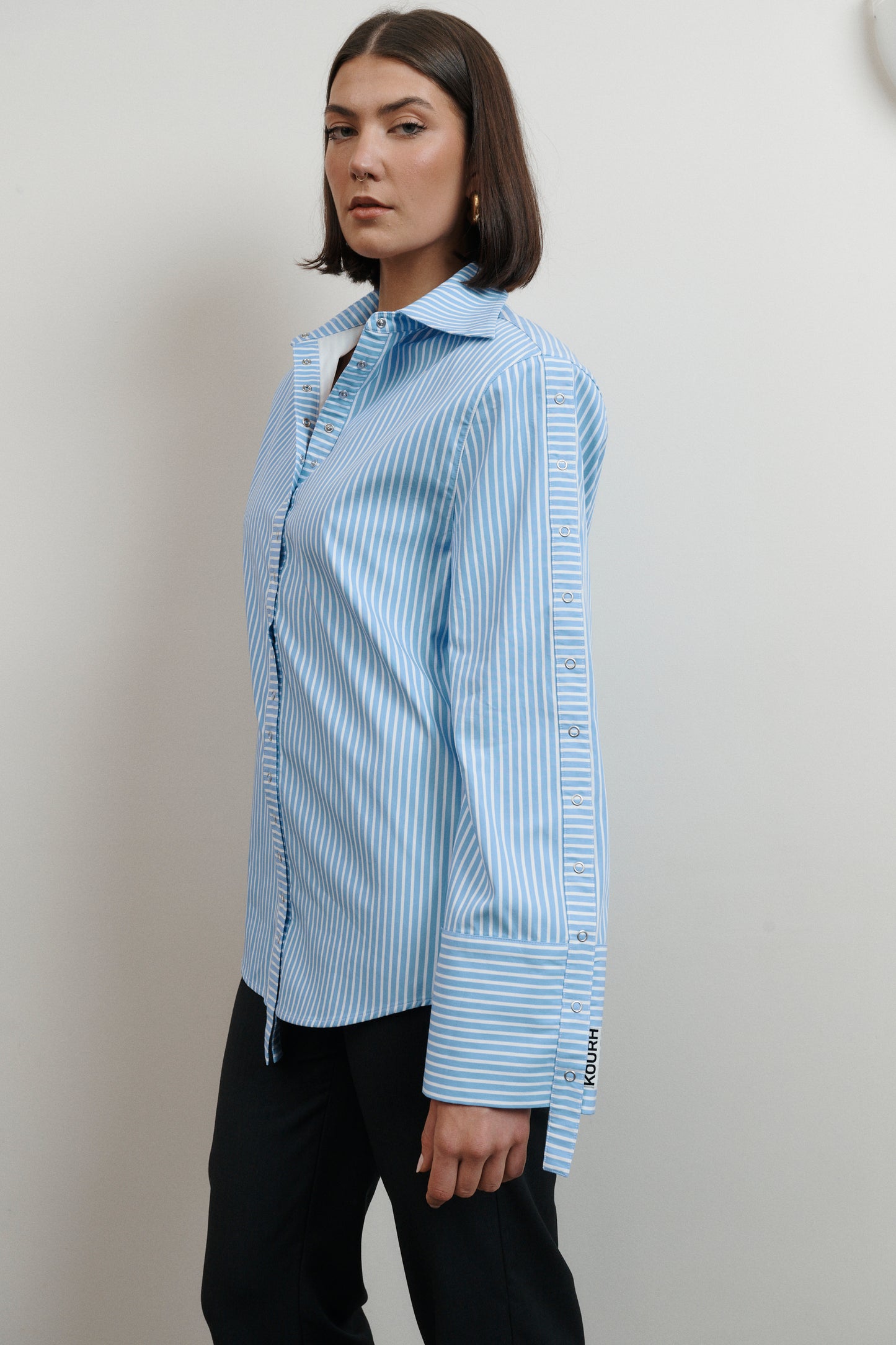 UMA KOURH tidal shirt blue white stripe press studs adjustable cuffs oversized