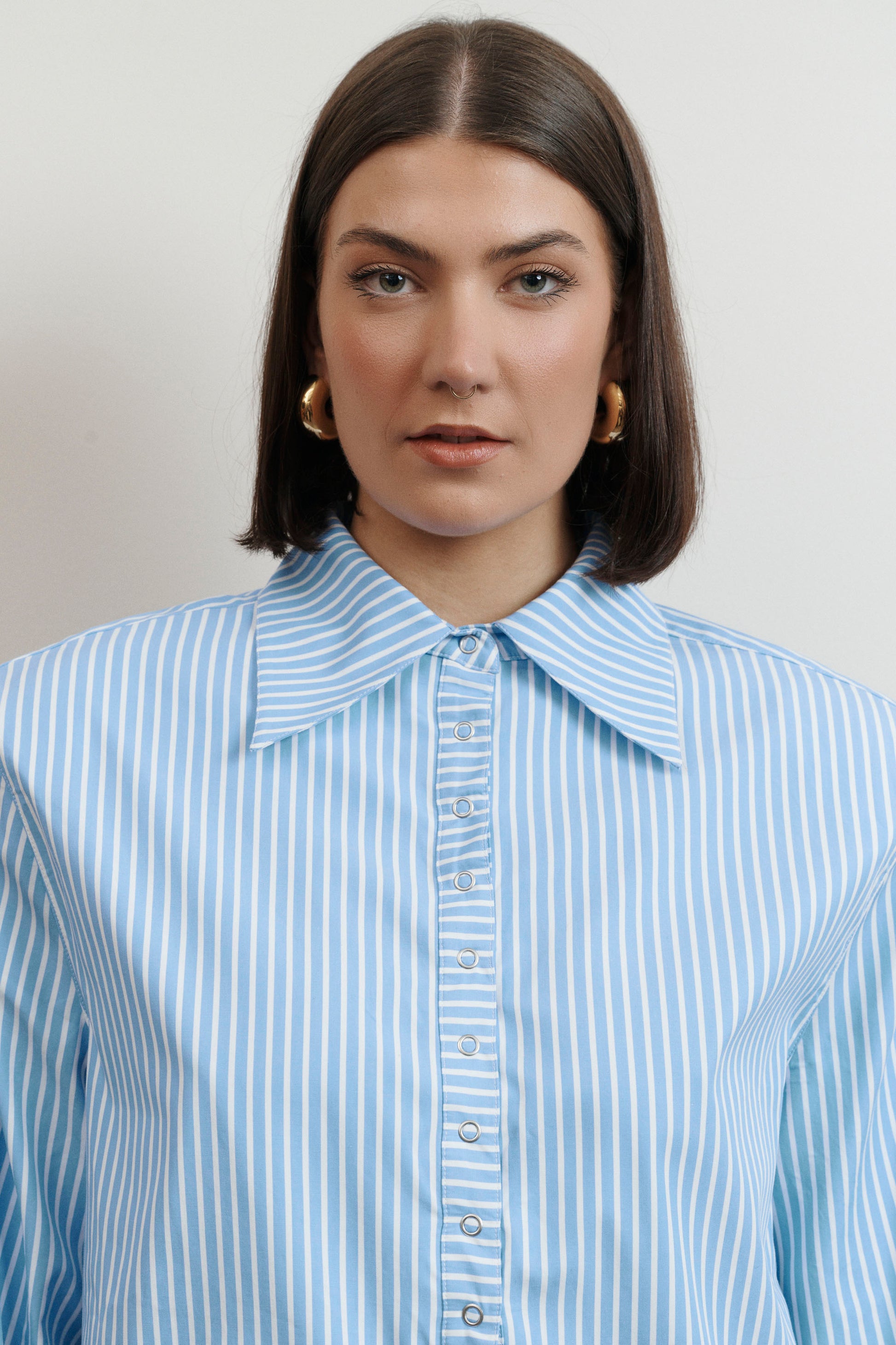 UMA KOURH tidal shirt blue white stripe press studs adjustable cuffs oversized