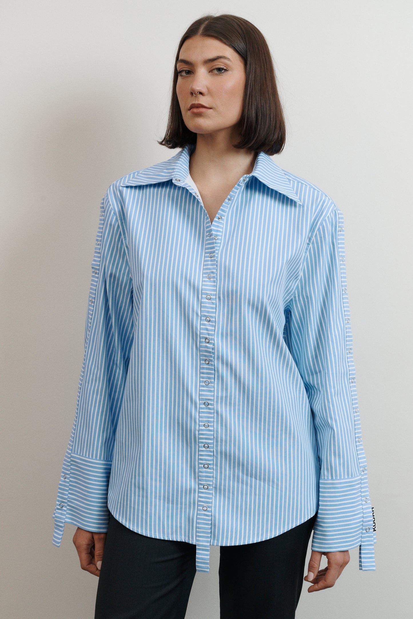 UMA KOURH tidal shirt blue white stripe press studs adjustable cuffs oversized