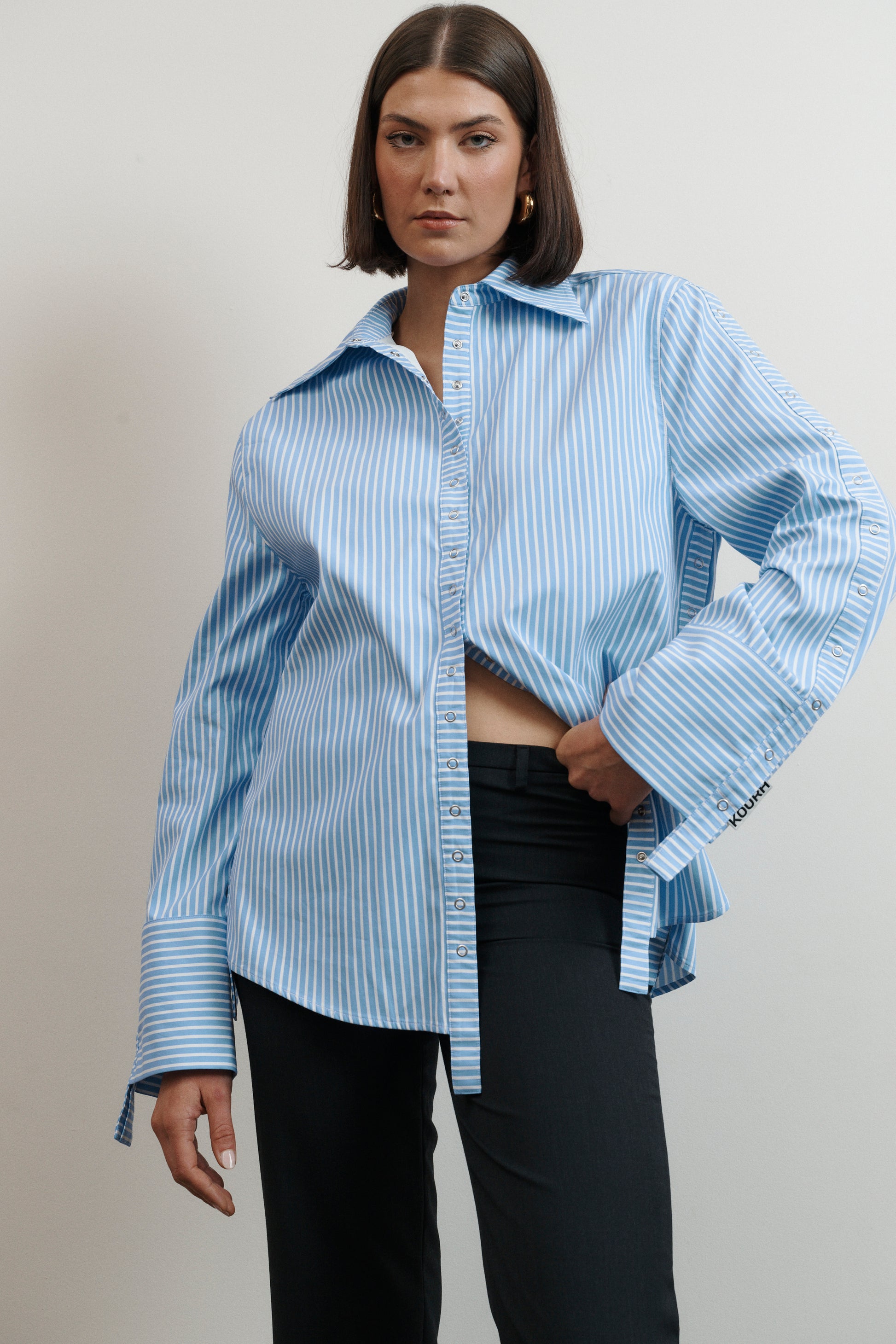 UMA KOURH tidal shirt blue white stripe press studs adjustable cuffs oversized