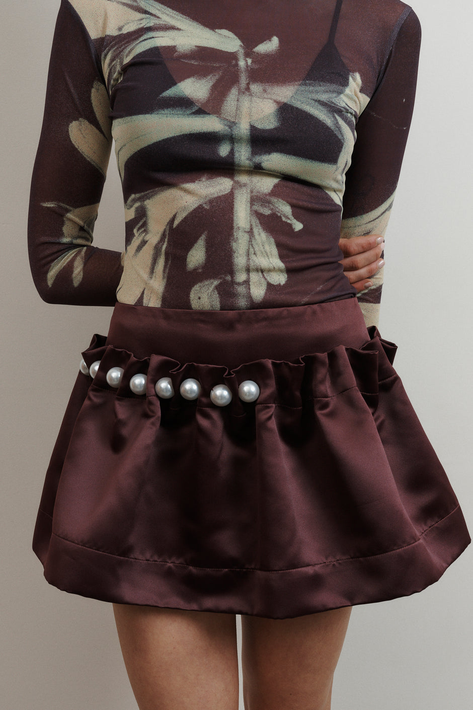 UMA Store Lucinda Babi Perle Mini Skirt dark plum satin pearls