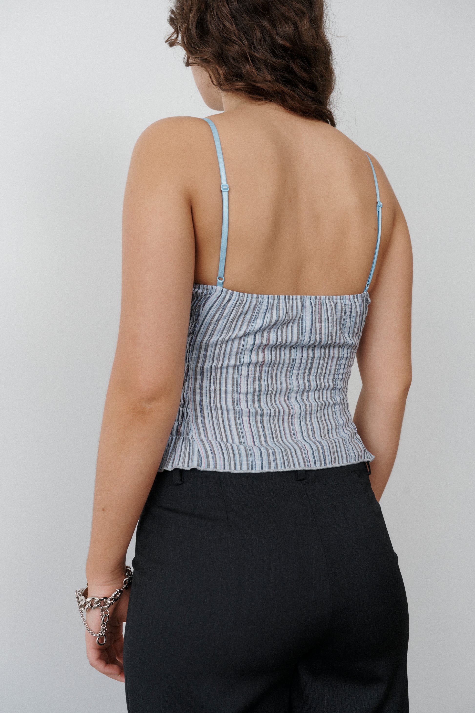 Apres Studio ruched blue denim cotton striped cami top 