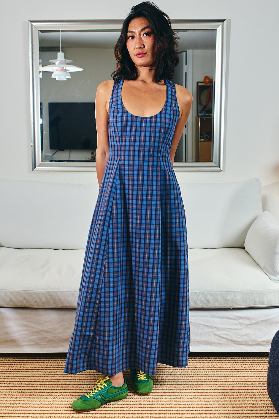 Katharina Lou Blue Plaid The Annabel Maxi scoop neck full length sun dress mid blue purple check 
